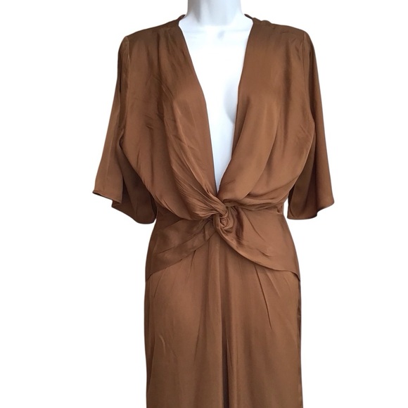 Zara Brown Satin Effect Twisted Effect Plunging Neckline Jumpsuit Size X… - Picture 14 of 16